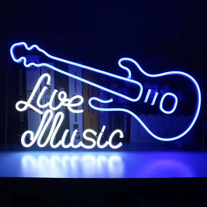 Live Music with a Guitar Neon Sign